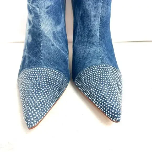 Fashion Nova Rhinestone Denim Knee High Boots Size 10 - Picture 3 of 9